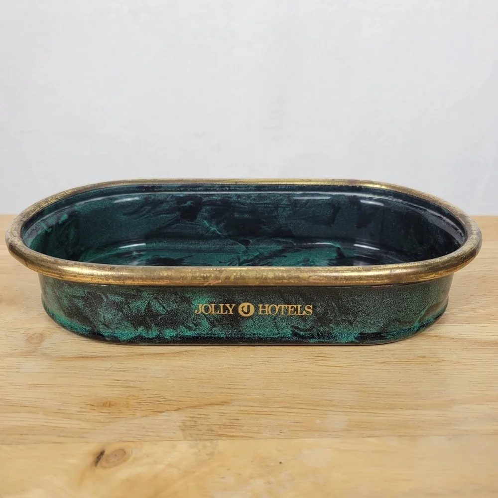 Jolly Hotels Vintage Green and Gold Metal Catch-All Tray Hollywood Regency Moody